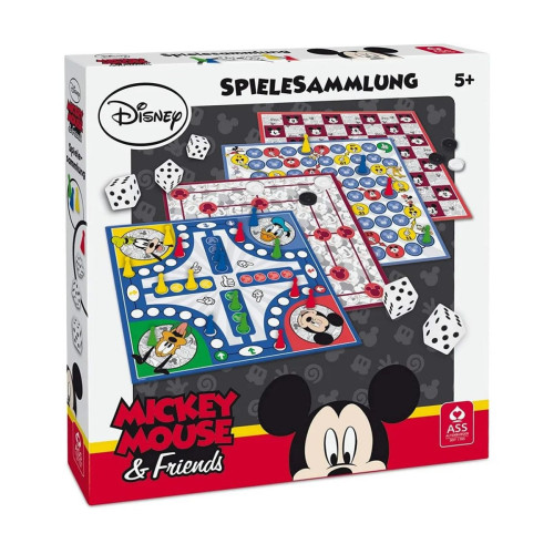 Set 25 jocuri de societate, Game Compedium - Disney, Mickey Mouse, 4 planse dimensiuni 26 x 26 cm, 16 pioni, 24 jetoane, 5 zaruri